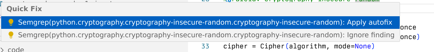 Semgrep remediation guidance in VS Code > Quick fix menu